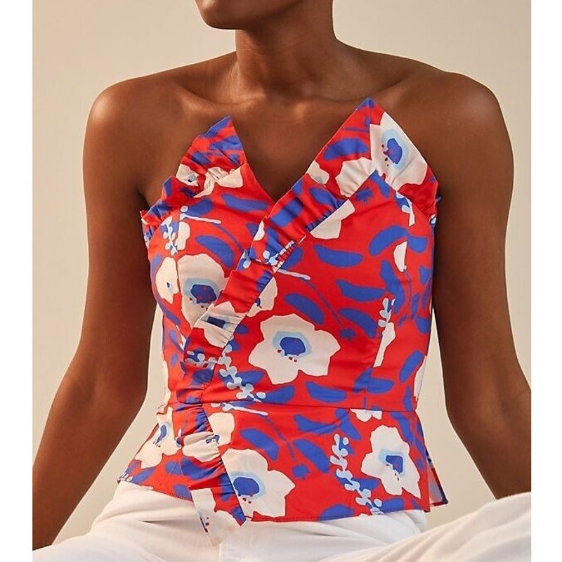 Hutch by Anthropologie Floral Printed Strapless Ruffle Top Red/White/Blue 10