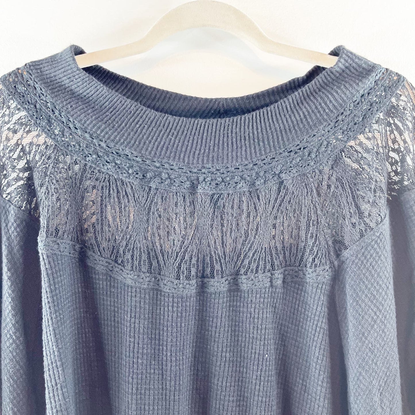 Free People Spring Valley Long Sleeve Waffle Top With Lace Neckline Black Medium