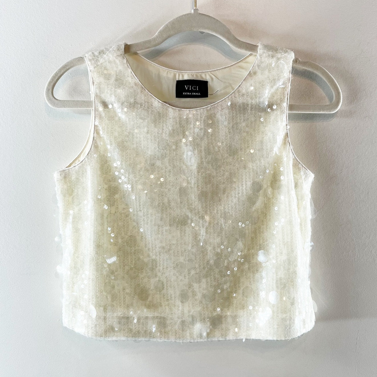 Vici Dance My Way Tonal Sequin Cropped Boxy Tank Top Cream XS
