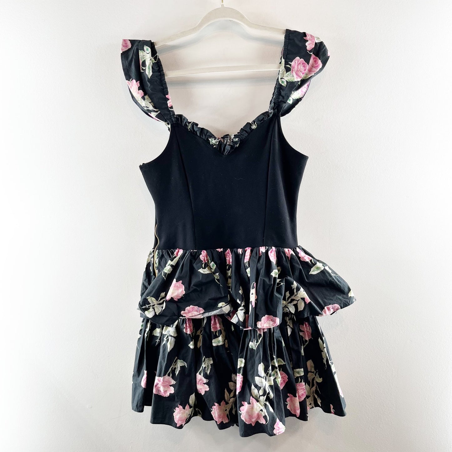 LoveShackFancy Sanam Ruffle Tiered Floral Mini Dress Black 10