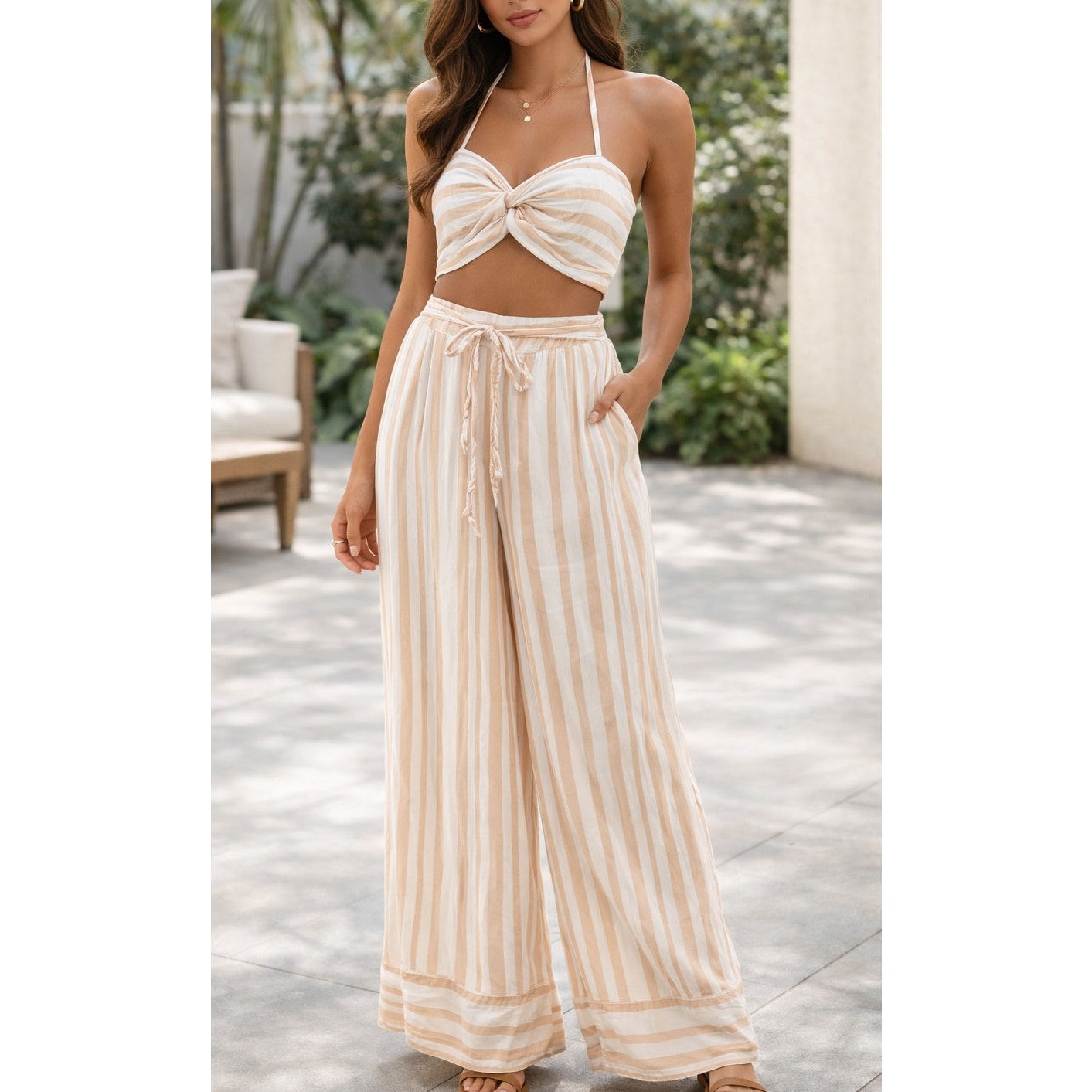Lost + Wander Halter Bandeau Crop Top Striped Wide Leg Pants Matching Set White