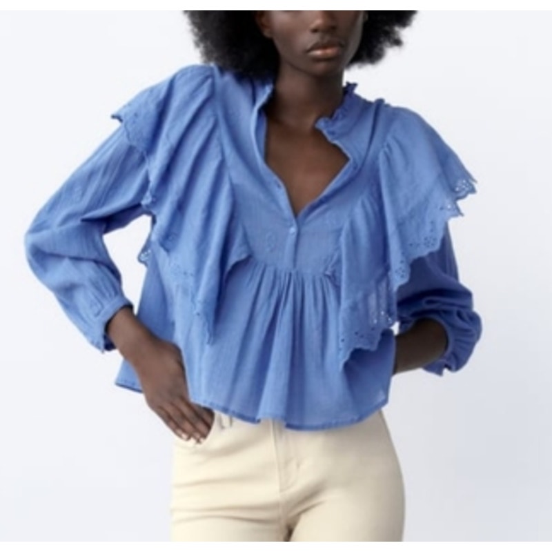 ZARA Long Sleeve Eyelet Ruffle Cotton Blouse Top Blue Small