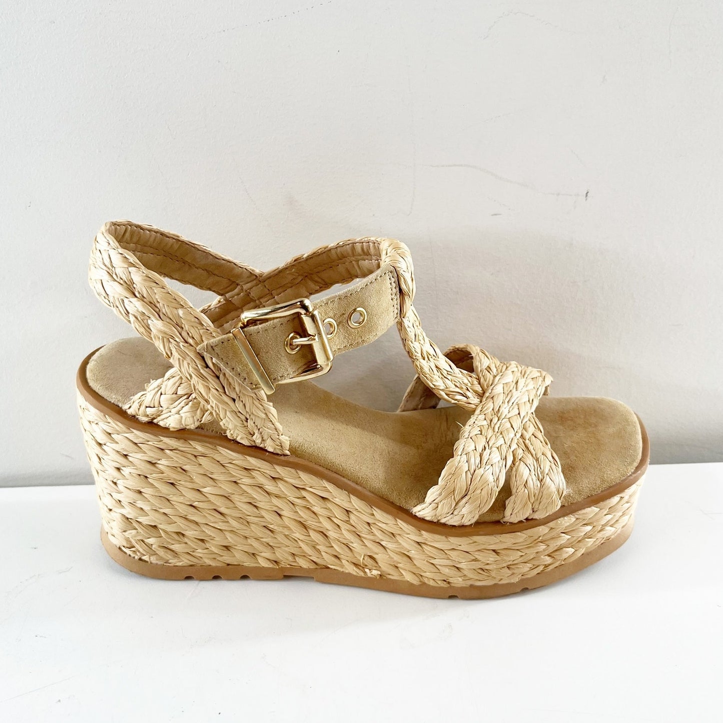 Schutz Panna Braided T Strap Wedge Platform Raffia Shoes Sandals Tan 7.5