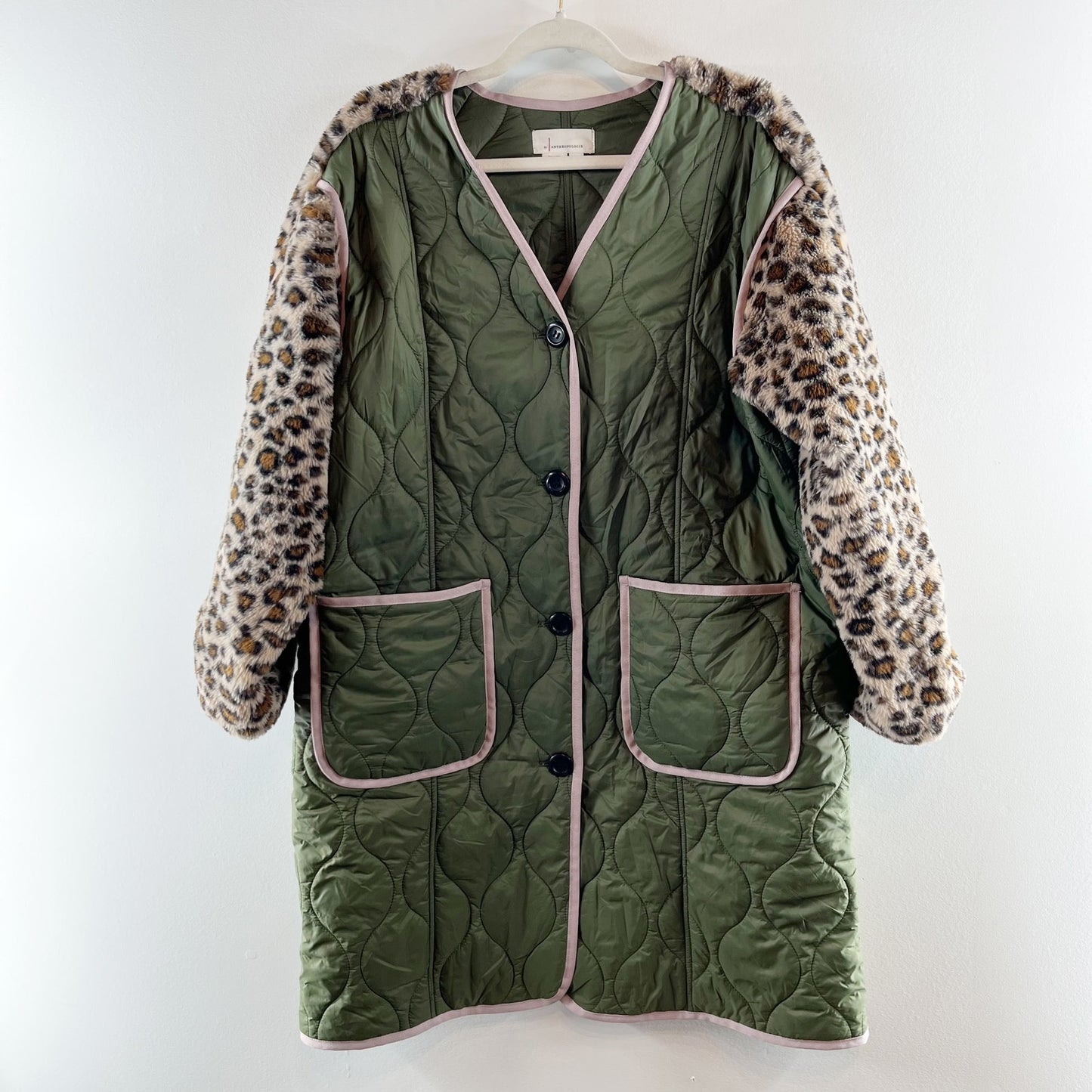 Anthropologie Colorblock Long Liner Quilted Button Up Coat Jacket Leopard Green