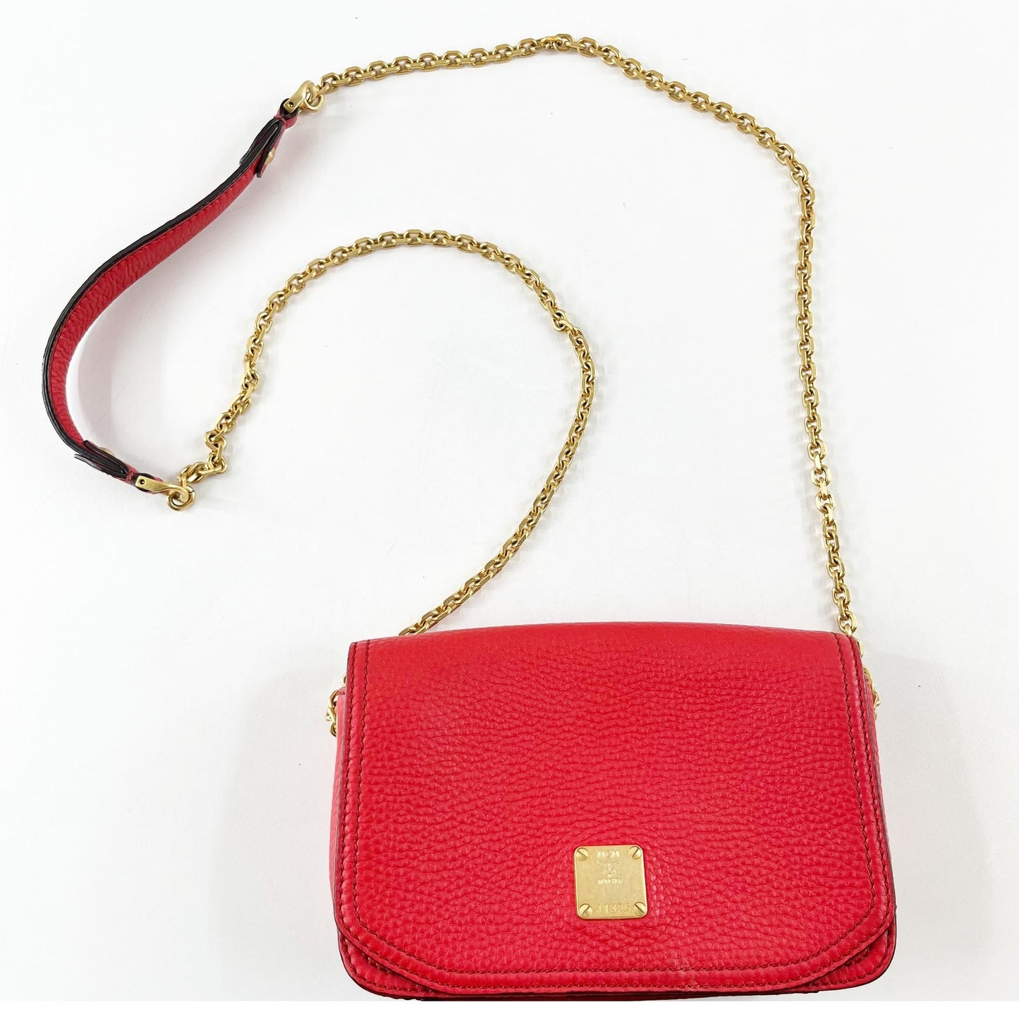 MCM Square Leather Crossbody Bag Gold Chain Flap Closure Red Gold