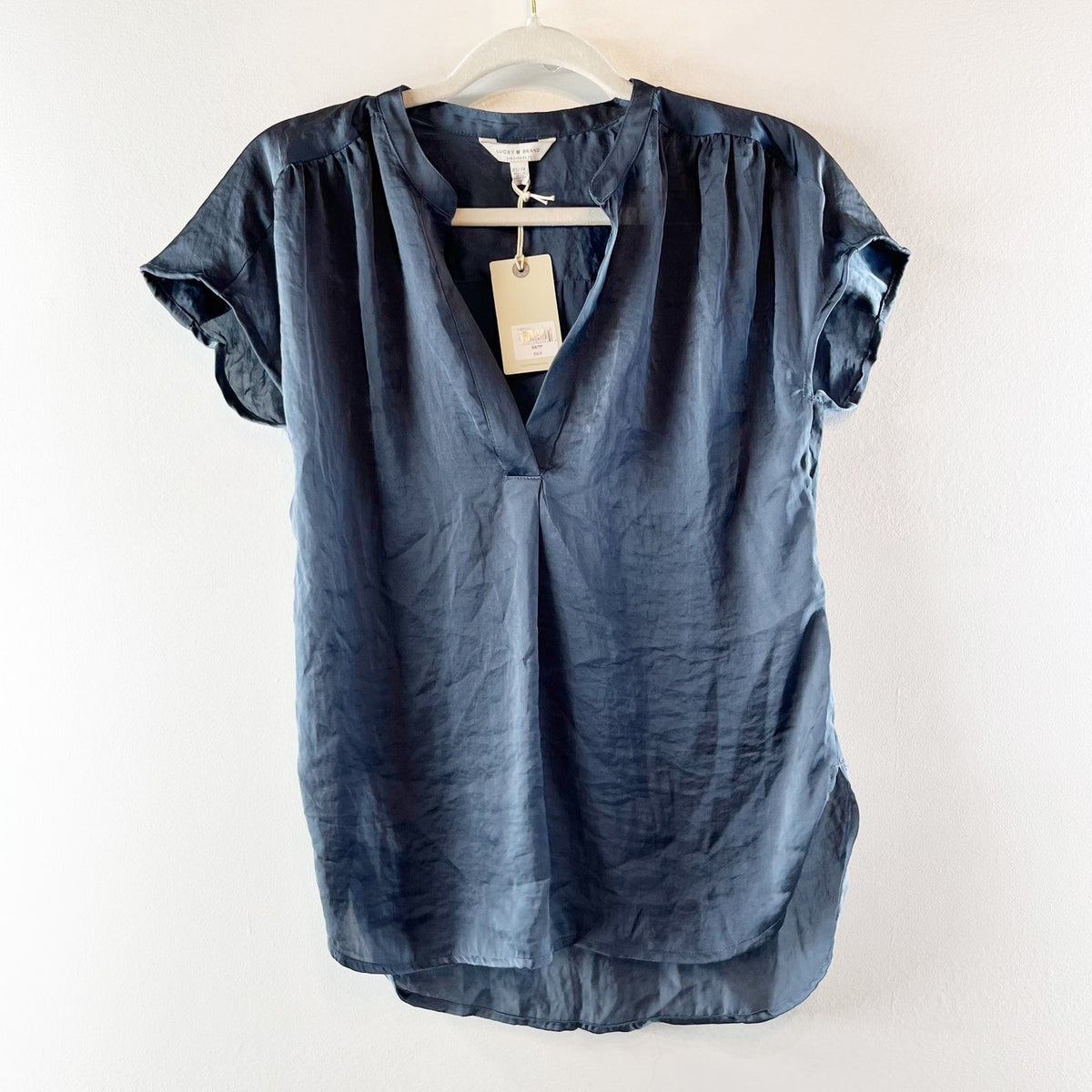 Lucky Brand Satin V Neck Short Sleeve Top Blouse Blue XS