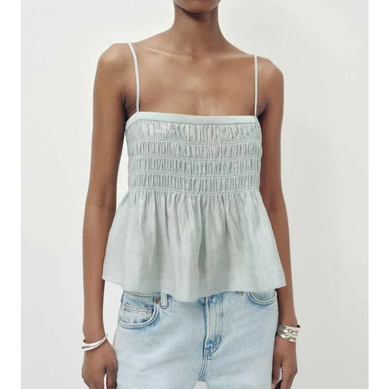 Reformation Cicely Sleeveless Straight Neck Smocked Tank Top Seafoam Green 2
