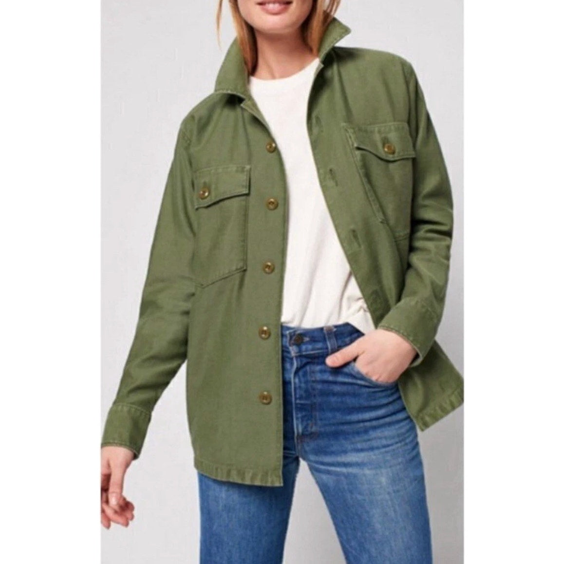 NEED SIZE Faherty Cotton Blend Long Sleeve Button-Up Utility Shirt Jacket Green