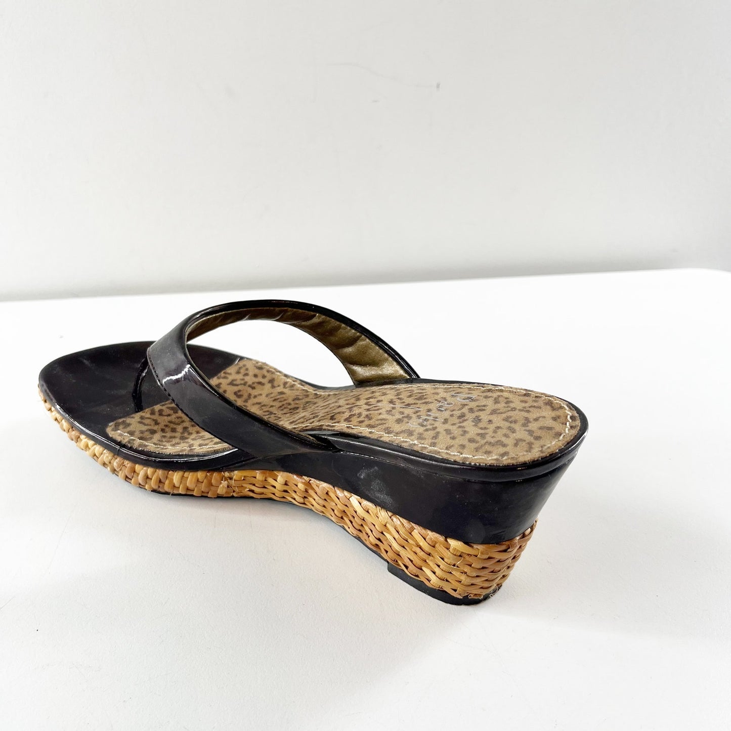 Paolo Dina Patent Leather Slip On Wedge Thong Sandals Loam Brown 8.5
