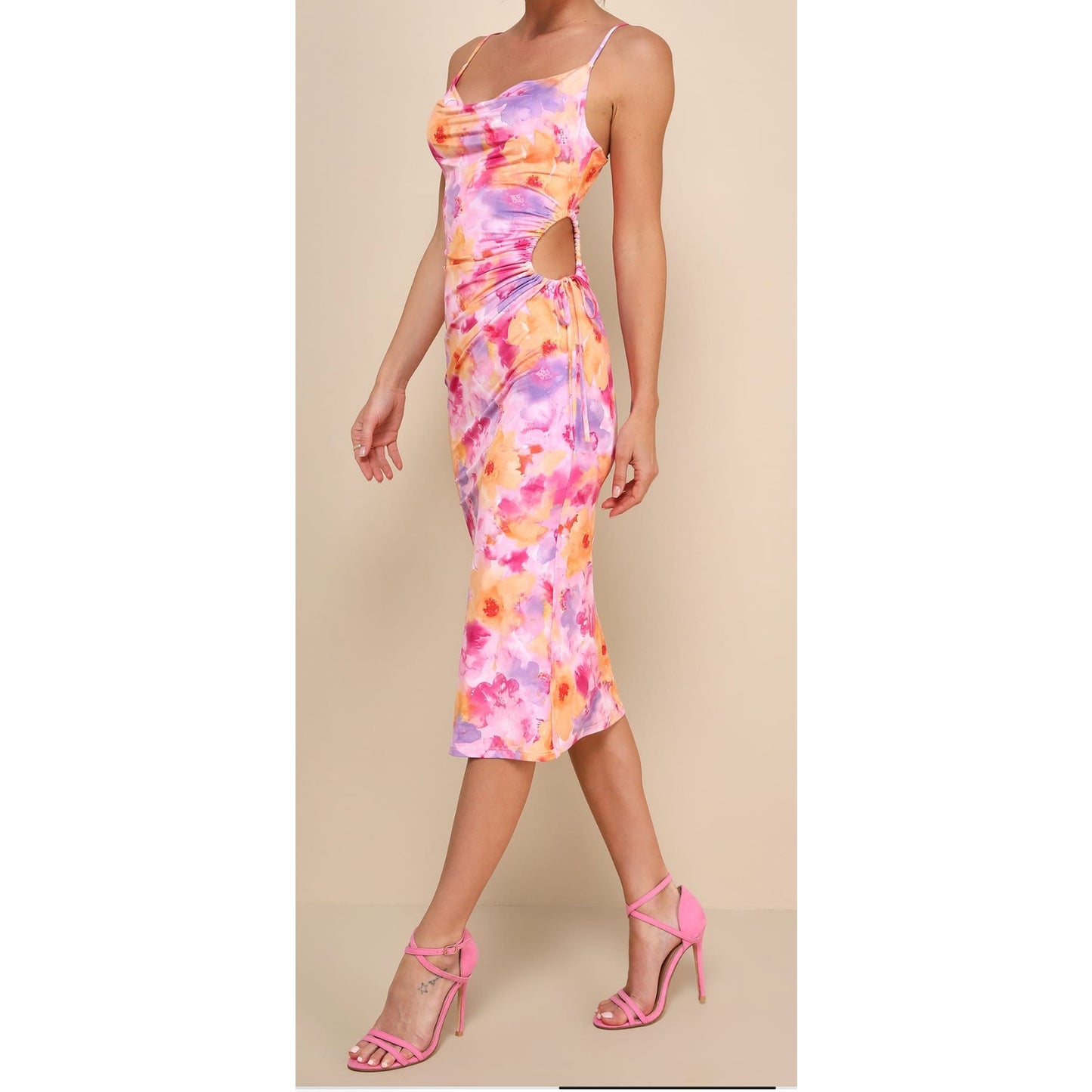 Lulus Vibrant Babe Floral Cutout Drawstring Midi Dress Pink Purple Orange Medium
