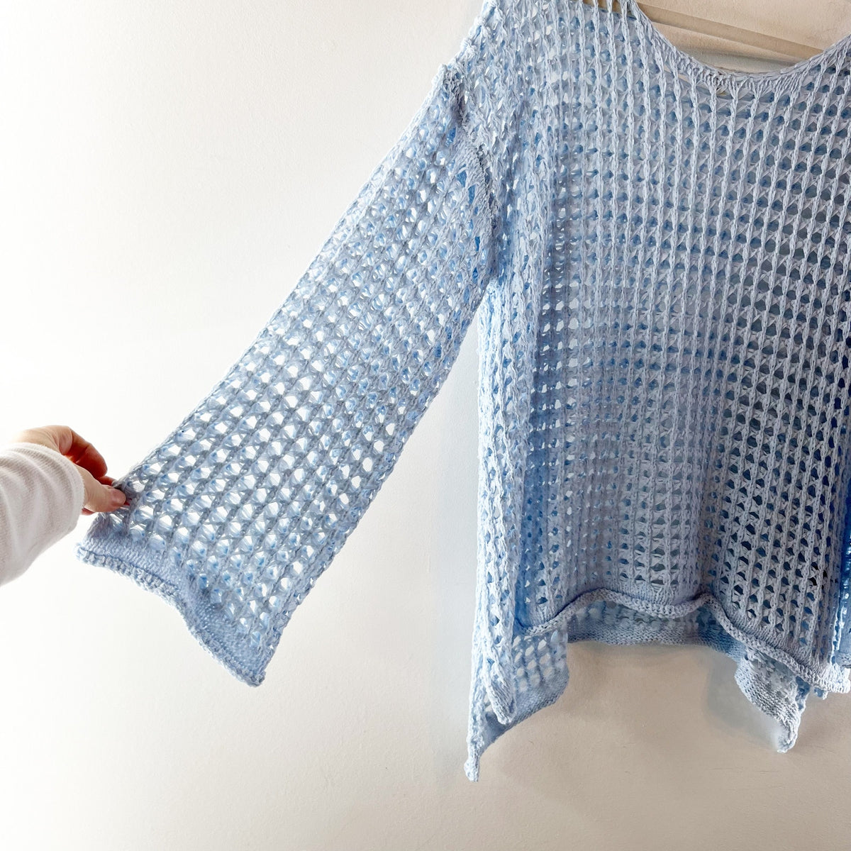 POL Long Sleeve Crochet Sweater Light Blue Small