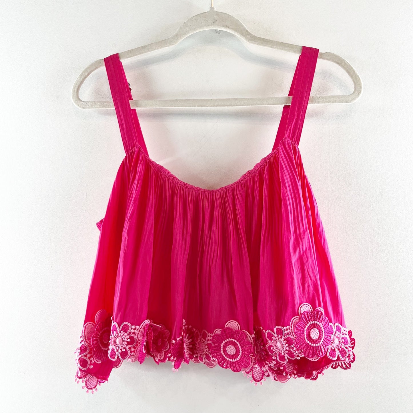 Ramy Brook Elizabeth Floral Lace Trim Applique Crop Swing Tank Top Pink Punch XL