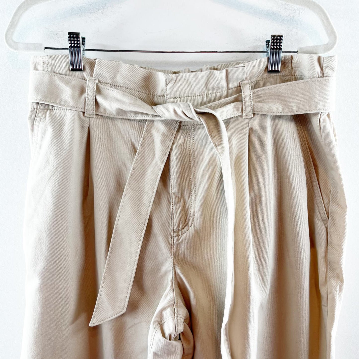 Loft Paperbag High Waisted Belted Tapered Straight Leg Pants Khaki Tan 14