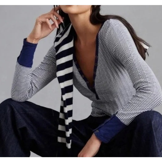 Pilcro Anthropologie Long Sleeve Striped Henley Shirt Tee Top Blue White Small