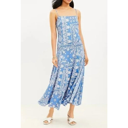Loft Square Neck Bandana Print Slip Midi Satin Dress Blue 8