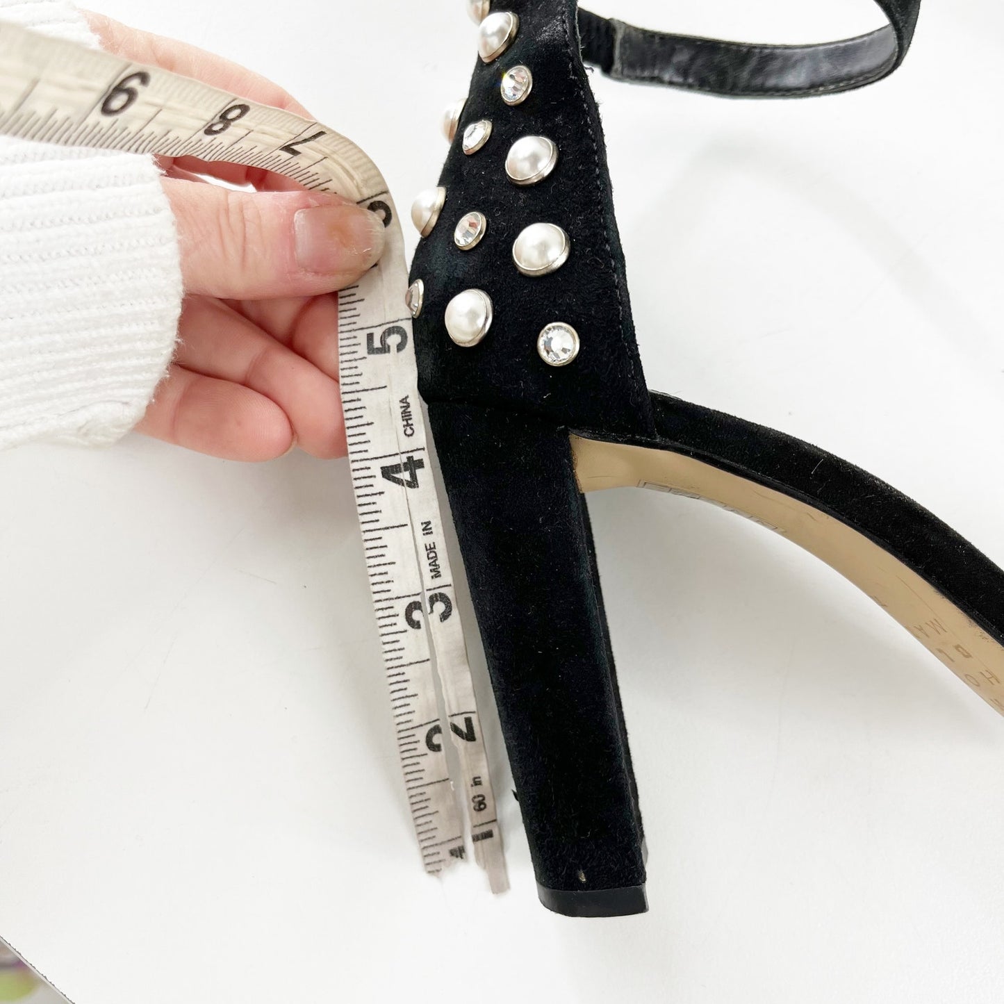 White House Black Market Mylah Pearl Rhinestone Block Heel Sandals Black 7.5