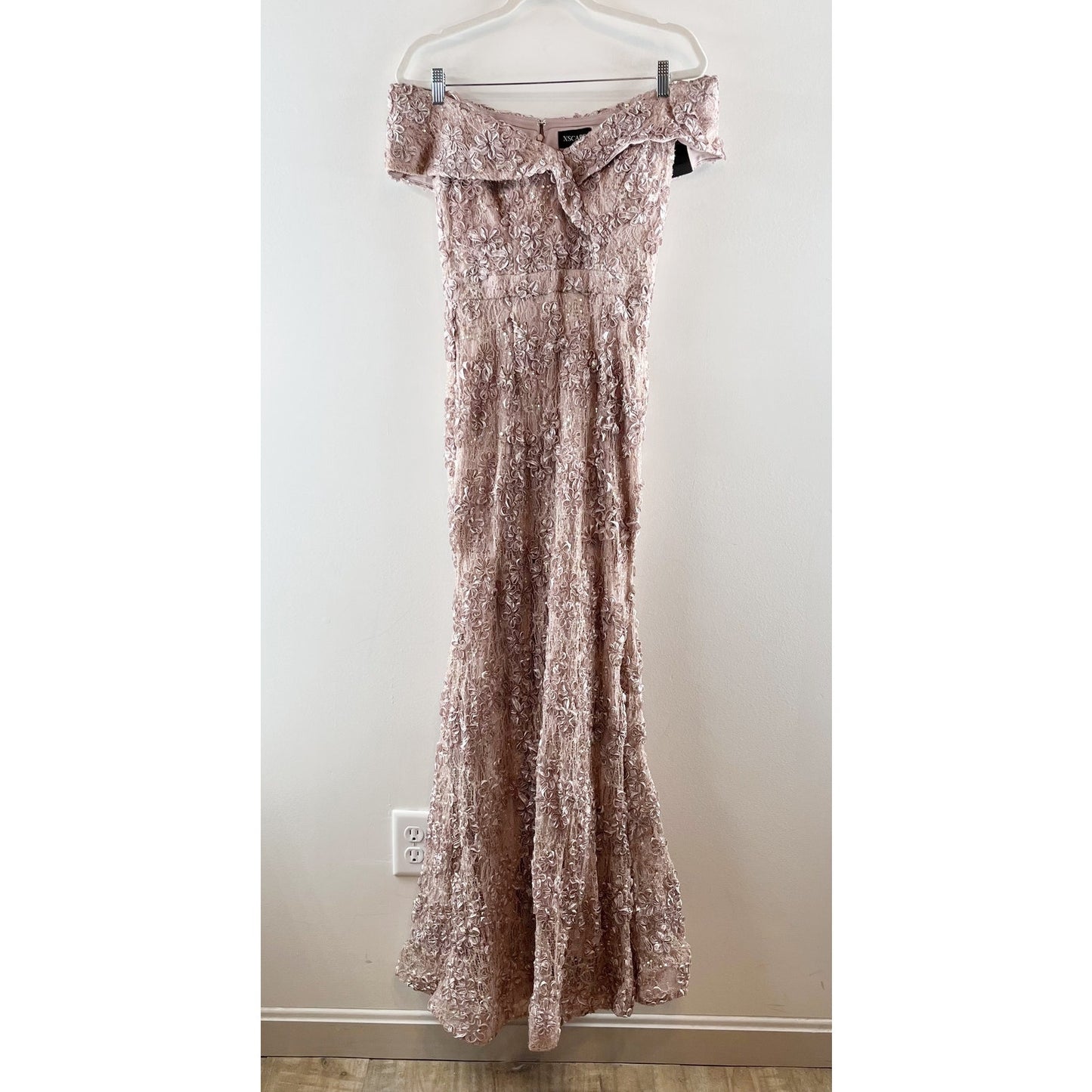 Xscape Jill Off The Shoulder Lace A Line Long Evenings Gown Taupe Pink 4