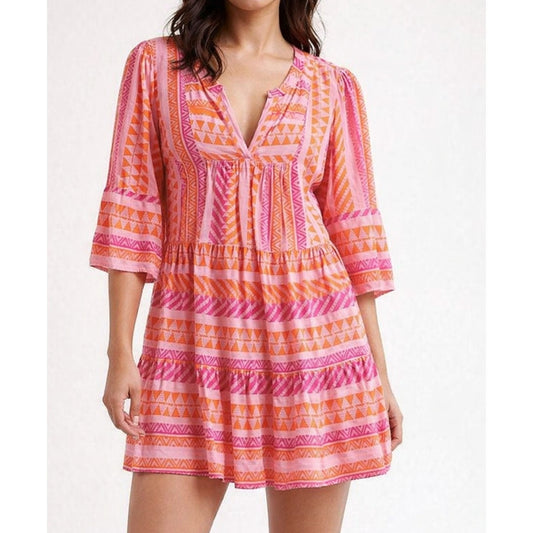 GOA Beachwear By Japna 3/4 Sleeve Printed Mini Babydoll Dress Pink Orange Medium