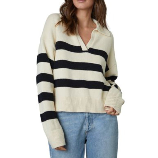 Velvet by Graham and Spencer Lucie Striped Polo Sweater Cream Blue XS