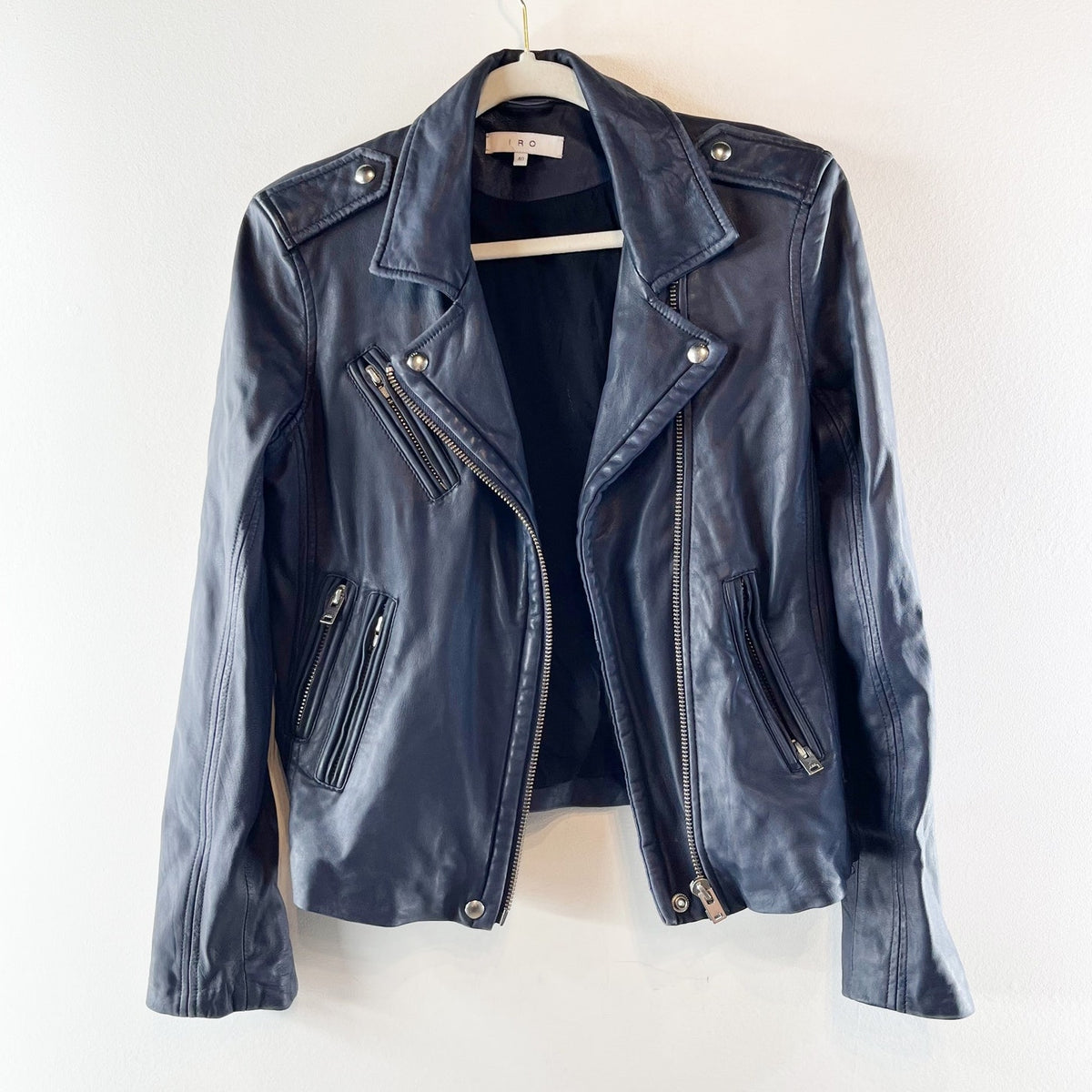 IRO Lamb Leather Zip Up Moto Biker Jacket Navy Blue 40 / US 6