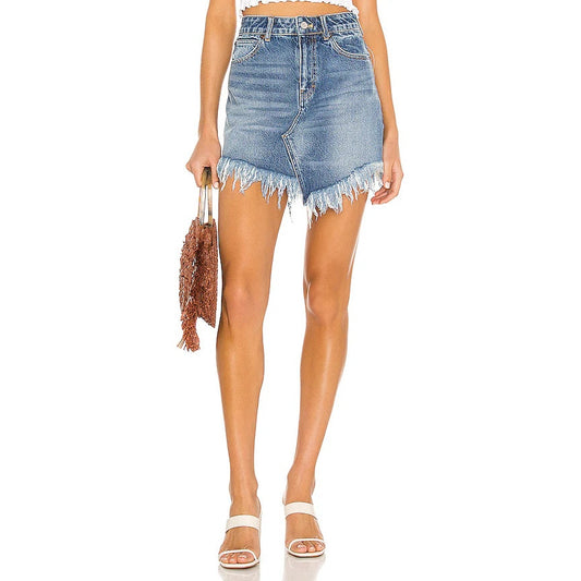 Free People Bailey High Waisted Asymmetric Frayed Hem Denim Mini Skirt Blue 26