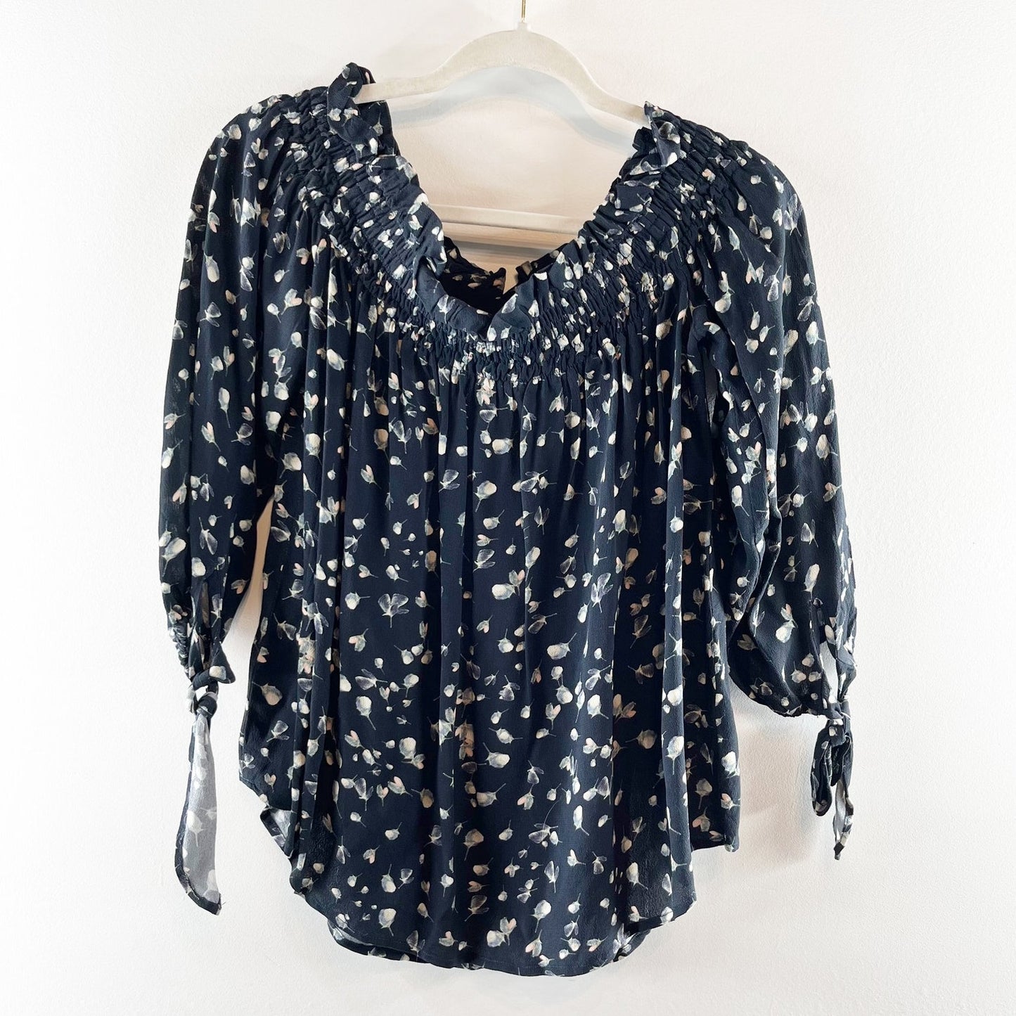 Beach Riot Floral 3/4 Sleeve Smocked Off The Shoulder Blouse Top Dark Blue Small