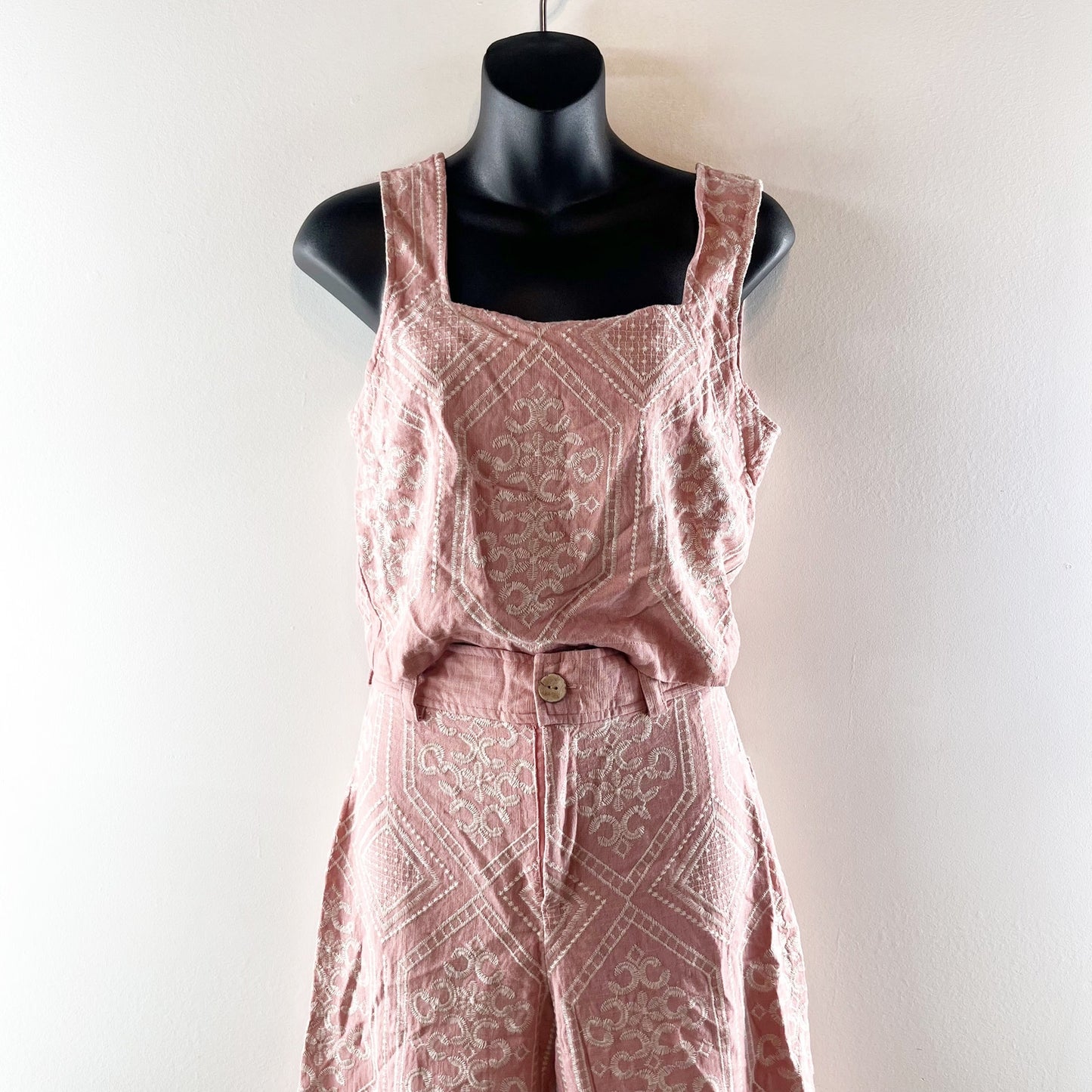 Joie Embroidered Linen Blend Crop Tank Top & Wide Leg Pants Dusty Pink 2 / Small