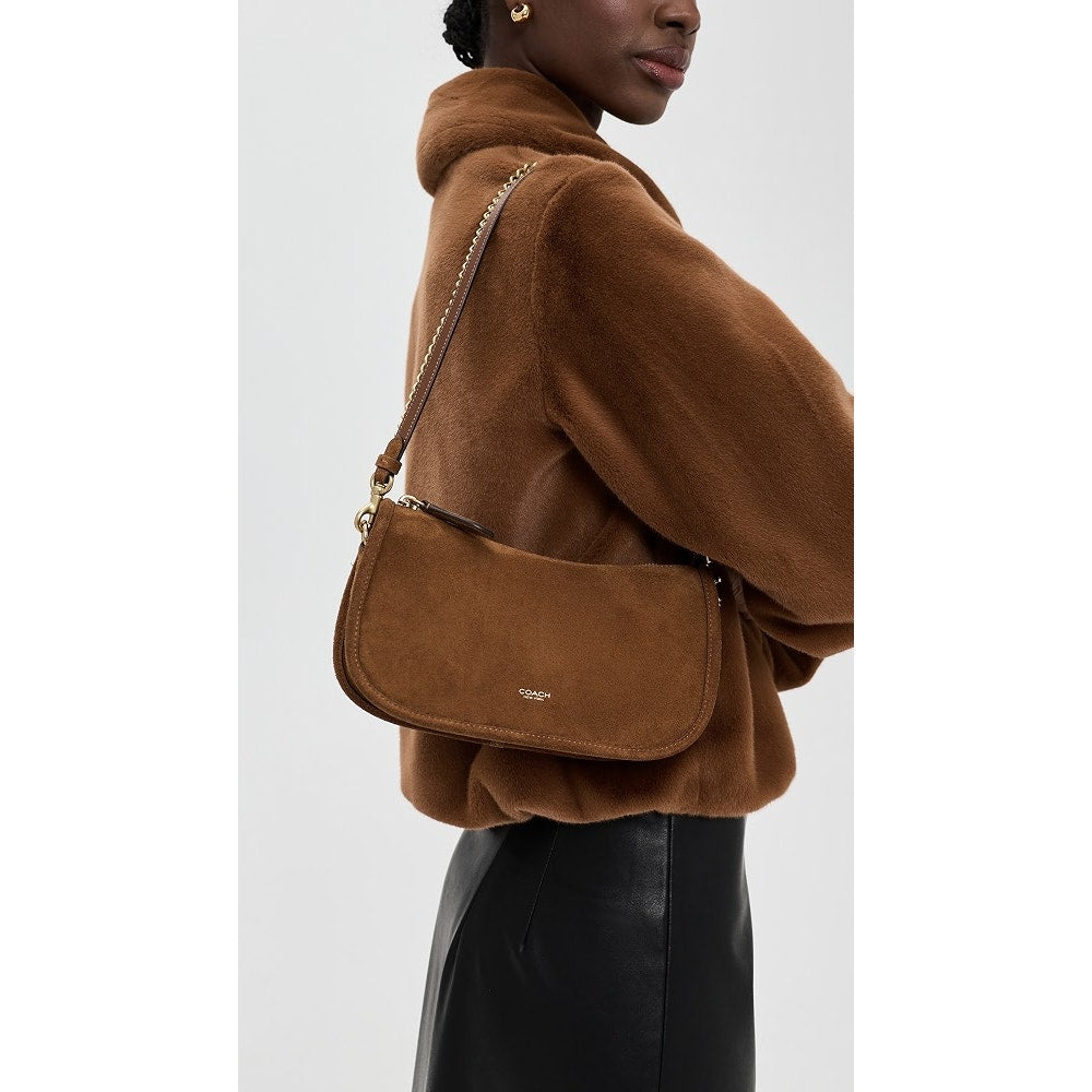 Coach Suede Waverly Shoulder Handbag Purse with Chain Strap Warm Brown
