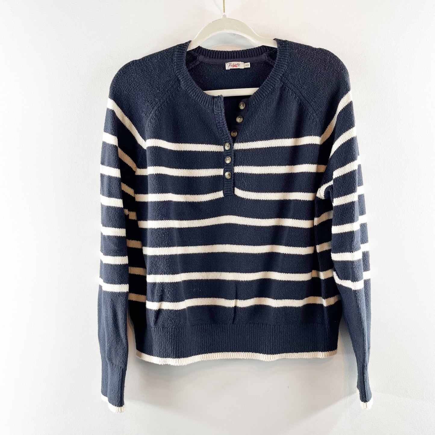Faherty Cozy Cotton Henley Pullover Sweater Navy Natural Stripe Medium