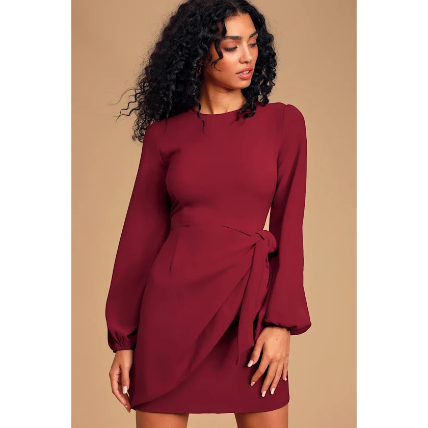Lulus Believe It or Knot Long Sleeve Tie-Front Skater Dress Wine Red Small