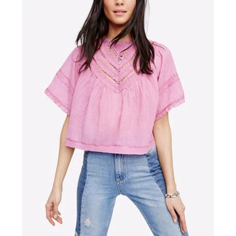 Free People Lush Life Illusion Flyaway Crop Blouse Top Pink Small