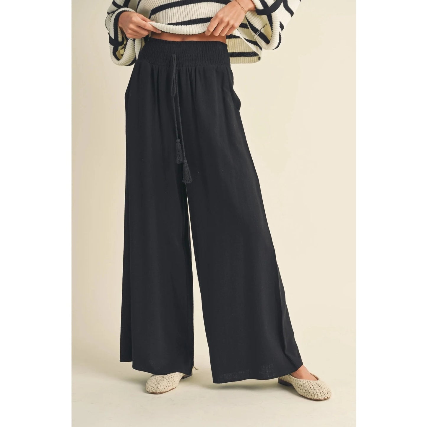 Miou Muse Cotton Linen High Rise Smocked Waist Wide Leg Pants Tassel Black Small