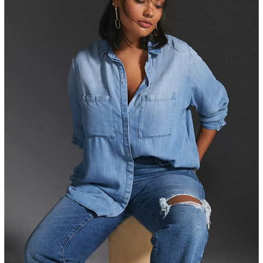 Cloth & Stone Long Sleeve Button Up Chambray Top Shirt Blue XS