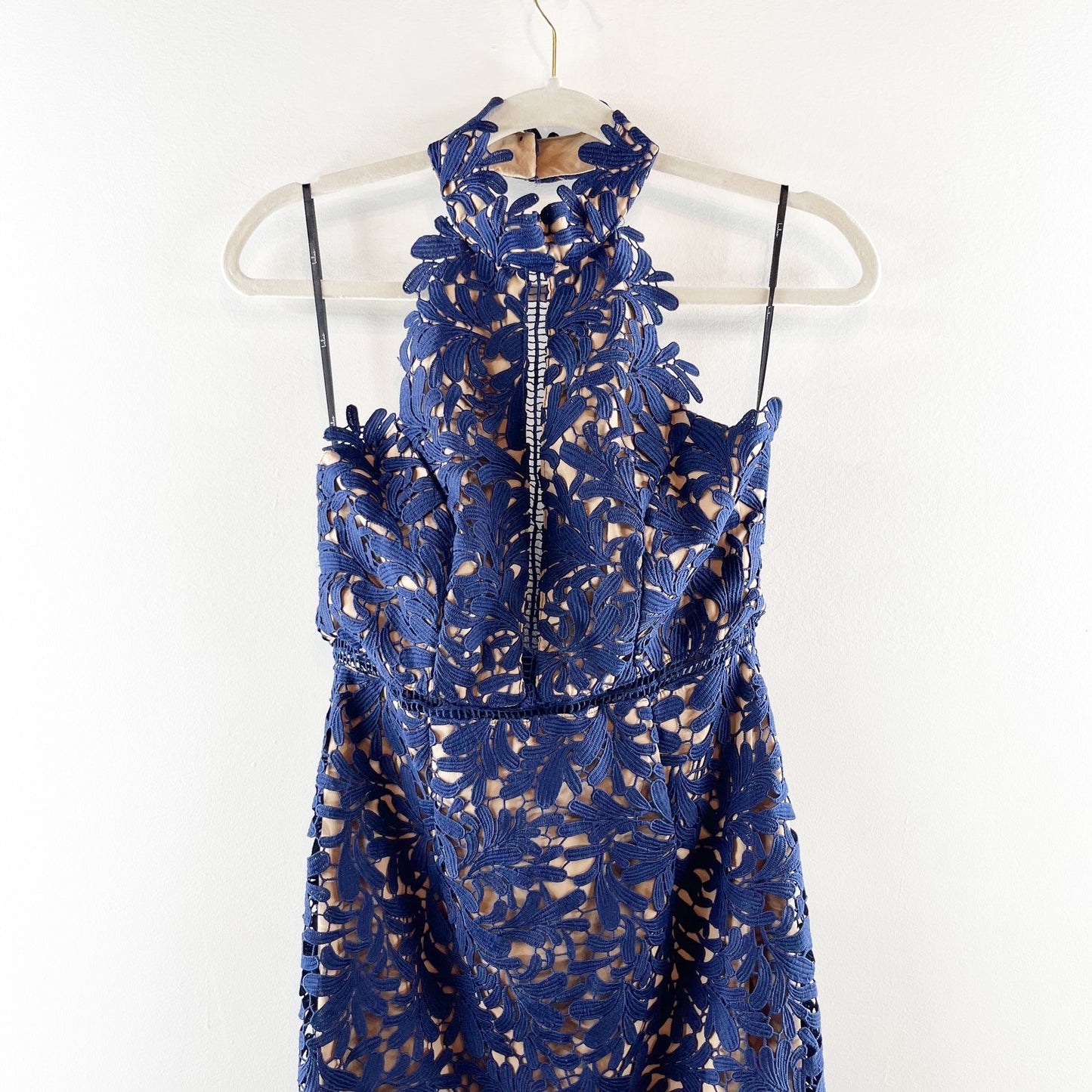Lulus Divine Destiny Halter High Neck Lined Lace Midi Dress Navy Blue Medium