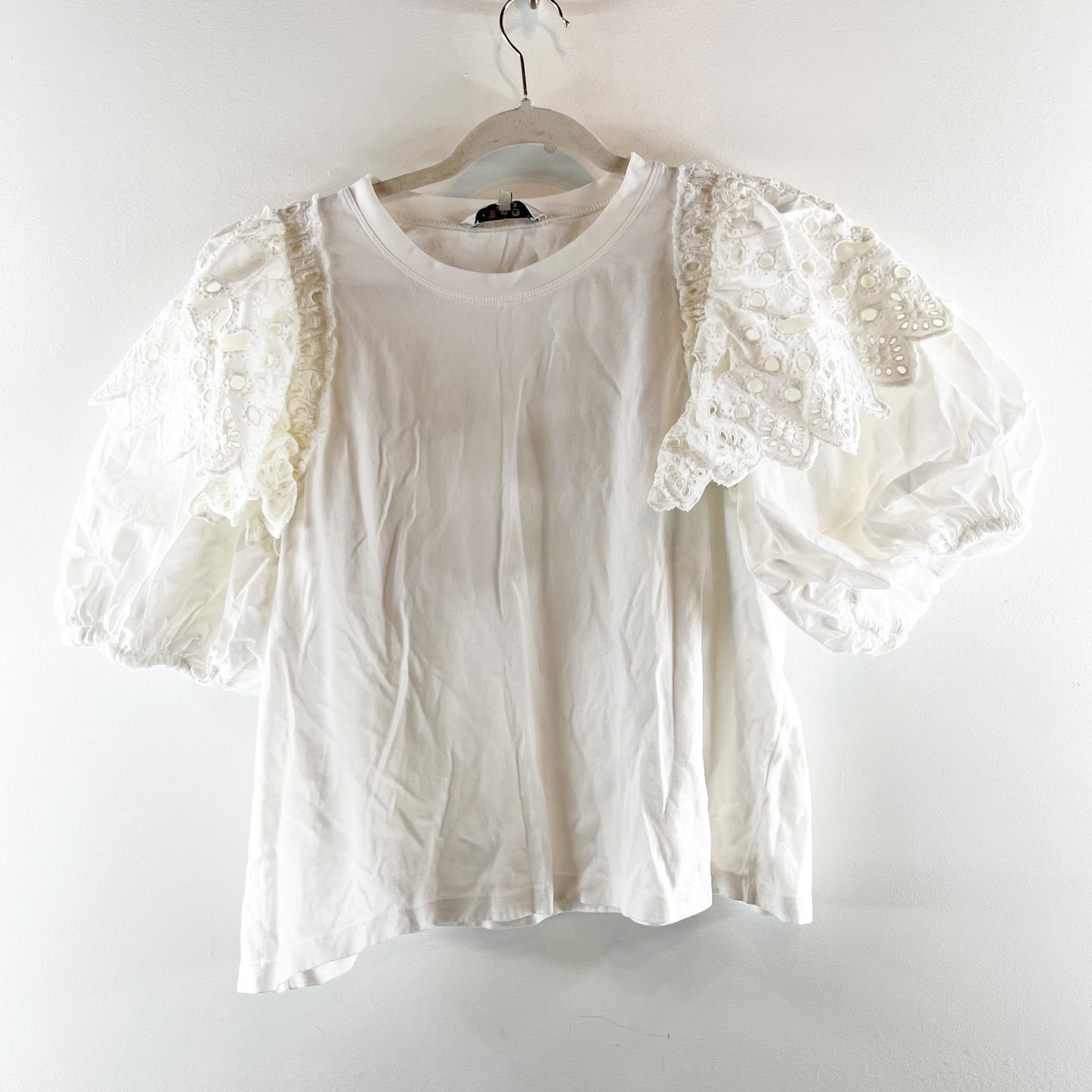 Sea New York Hazel Eyelet Short Puff Sleeve Tee Shirt Top White Large