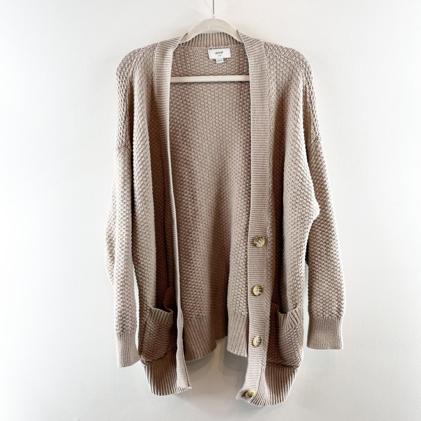 Aerie Oversized Varsity Textured Button Up V Neck Cardigan Sweater Oatmeal Tan M