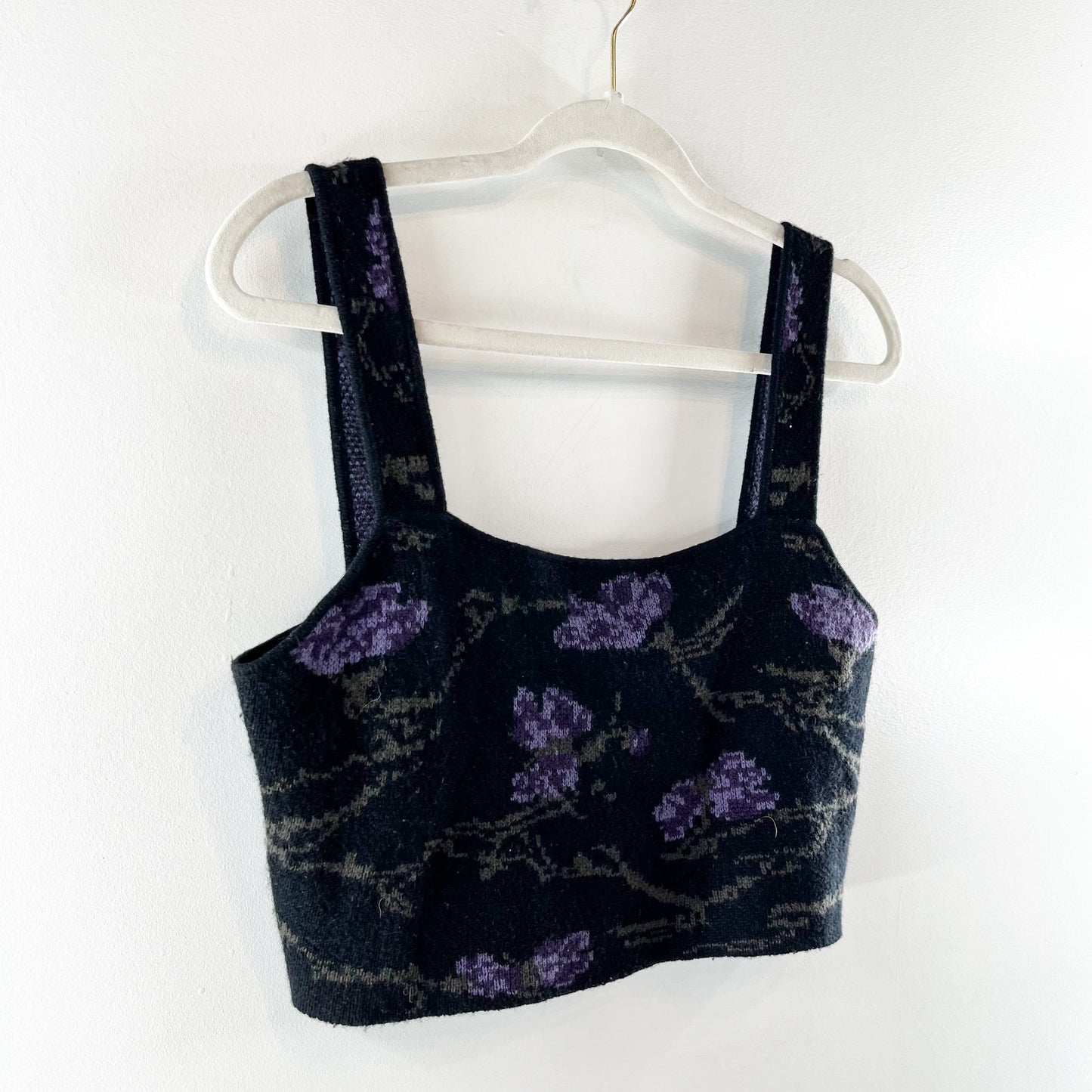 Vince Wool Cashmere Orchid Square Neck Sweater Floral Cami Crop Top Black Medium