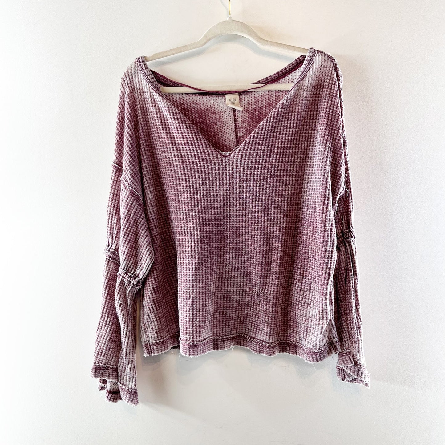 Free People Dahlia Long Bell Sleeve Thermal Waffle Knit Top Plum Maroon Small