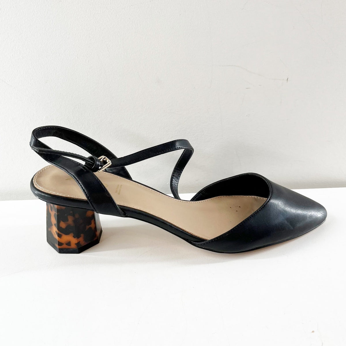 Aldo Gwelissa Tortoise Block Heel Leather Pointed Toe Pumps Black 10