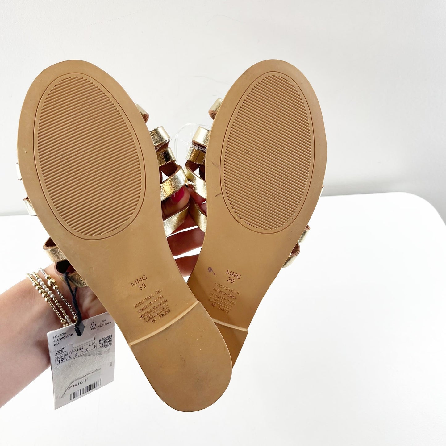 MANGO Leather Straps Slip On Flat Slide Sandals Metallic Gold 39 / 8.5