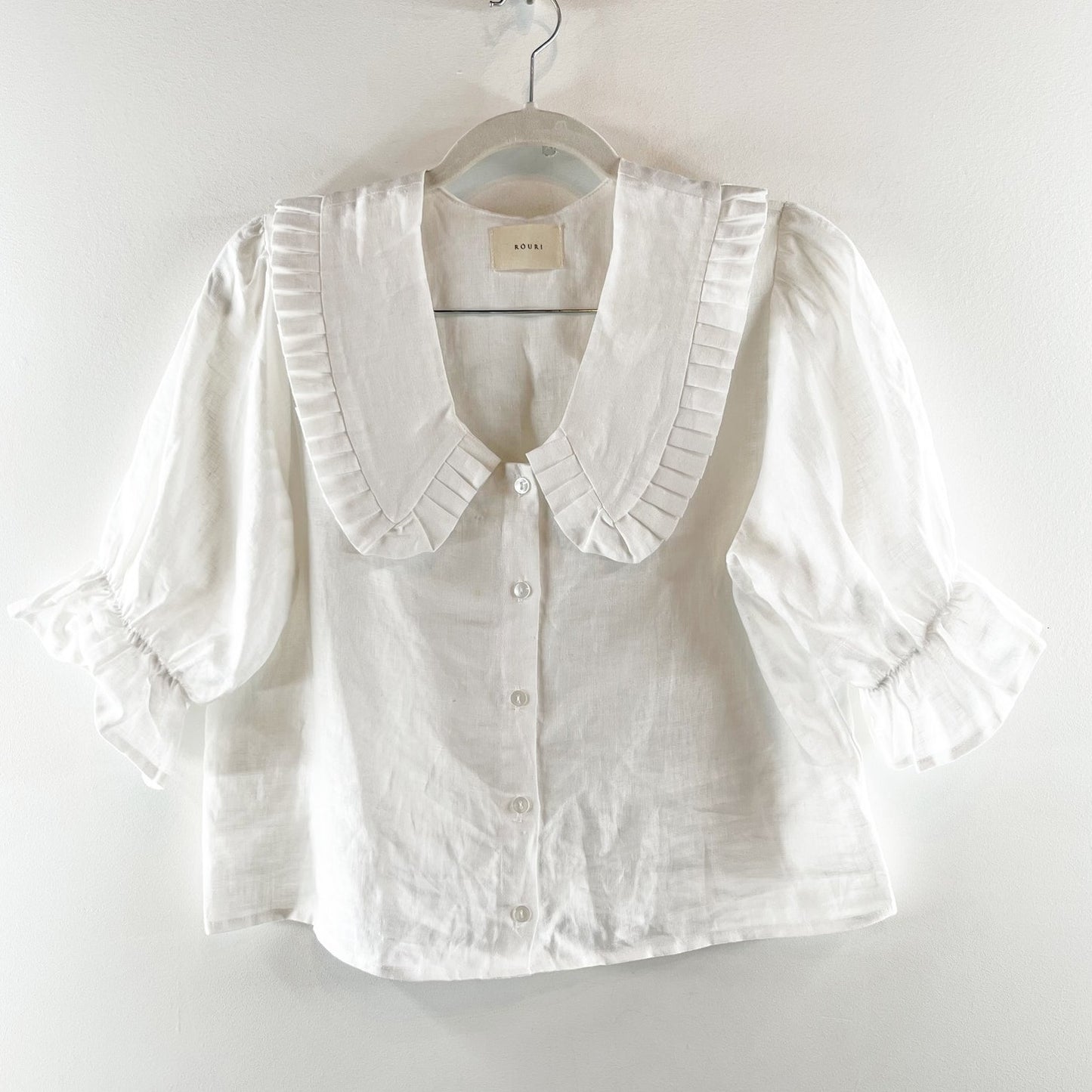 Rouri Linen Peter Pan Collar Puff Sleeve Cropped Blouse Top White Small