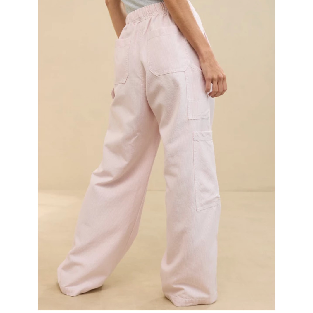 Aerie Low and Slouchy Wide Leg Pinstriped Drawstring Trouser Pants Pink Large