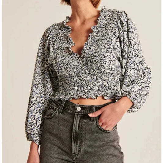 Abercrombie & Fitch Smocked Long Sleeve V Neck Floral Top Blouse Blue Small