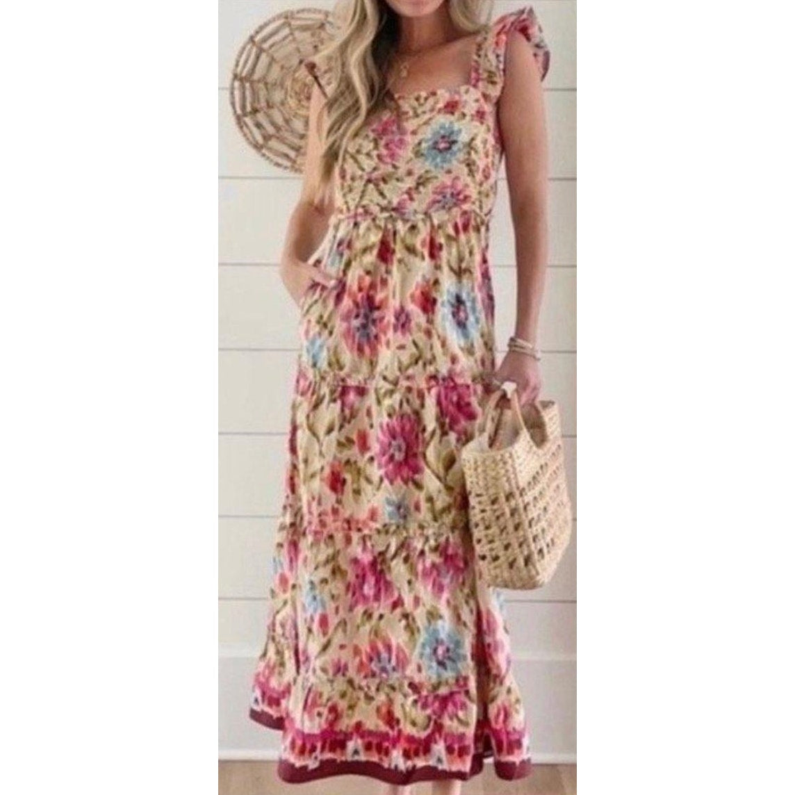 House of Harlow 1960 Zoey Floral Flutter Sleeve Smocked Maxi Dress Pink Multi L