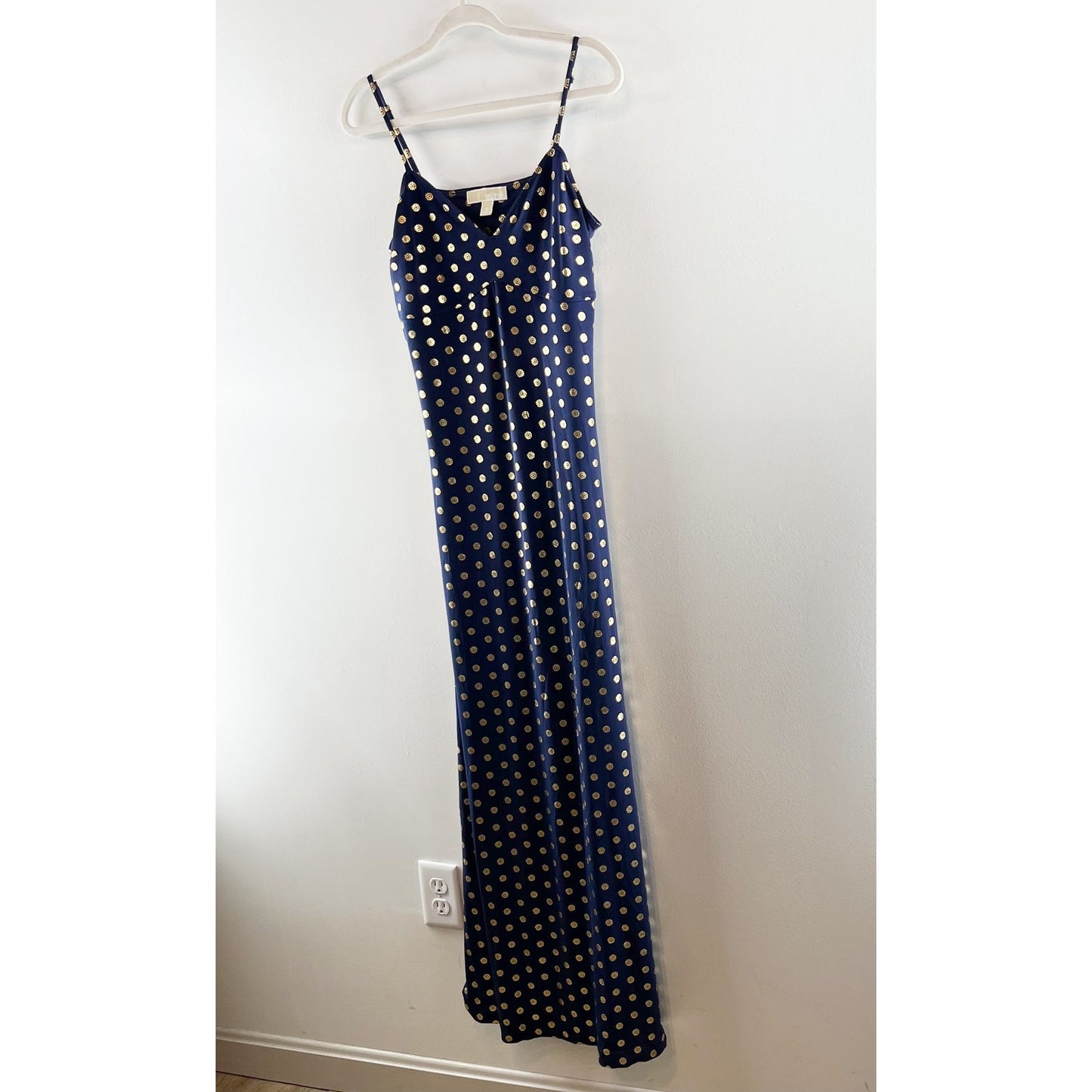 Michael Kors Medallion Foil Print Sleeveless Maxi Dress Navy Blue Gold Medium