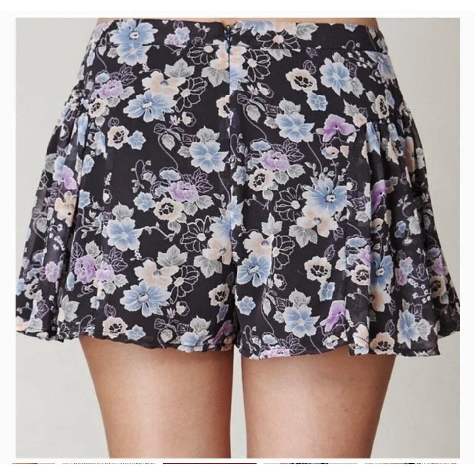 Free People Flowy Floral Print Chiffon Micro Shorts Black Purple 4