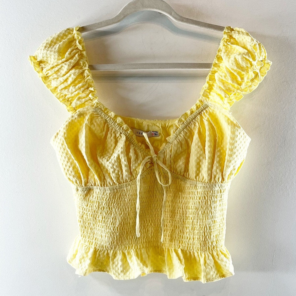 Lush Smocked Cap Sleeve Tie Front Top Blouse Butter Yellow Medium