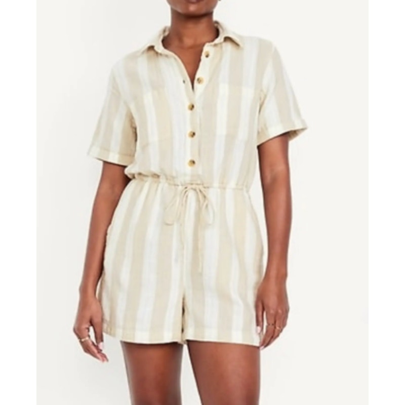 Old Navy Gauze Crinkle Button Down Short Sleeve Romper Beige Tan XL