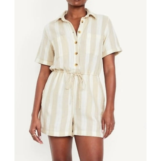 Old Navy Gauze Crinkle Button Down Short Sleeve Romper Beige Tan XL