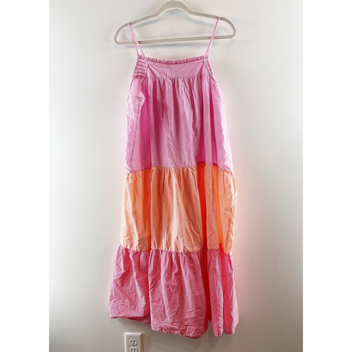 J. Crew Smocked Striped Colorblock Tiered Midi Sundress Dress Pink Orange XXL